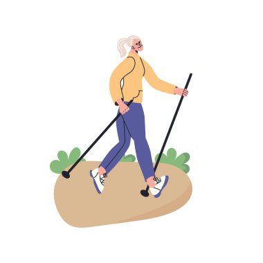 Happy senior doing nordic walking with stikcs in park. Elderly woman lead active lifestyle. flat vector modern illustration in trendy colors