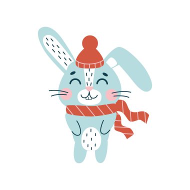 Atkı ve şapkalı tavşan. Beyaz arka planda izole edilmiş, sevimli gazi yassı hayvan karakteri.