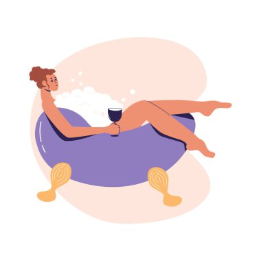 Genç ve güzel bir bayan köpük banyosu yapar. Kendine dikkat et, kendine zaman ayır, güzellik merkezin olsun. Düz vektör çizimi, beyaz arkaplanda izole edilmiş