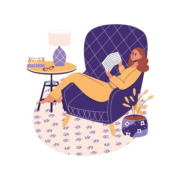 Молода жінка вдома сидить на класичному кріслі і читає книгу. Самодогляд, відпочинок, розслабтеся, час для себе концепції. Дівчина лежить на дивані. Плоска векторна ілюстрація в модних кольорах — стоковий вектор