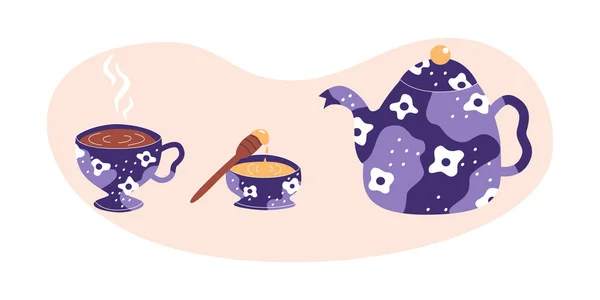Tea set with ceremony elements. honey, pot and mug. Retro floral ceramic. Flat vector illustration in trendy colors — Vetor de Stock