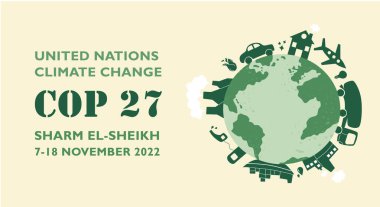 Sharm El-Sheikh, Mısır 'da 27. Birleşmiş Milletler iklim değişikliği konferansı. 7-18 Kasım 2022 uluslararası iklim zirvesi olacak. Düz vektör modern bayrak