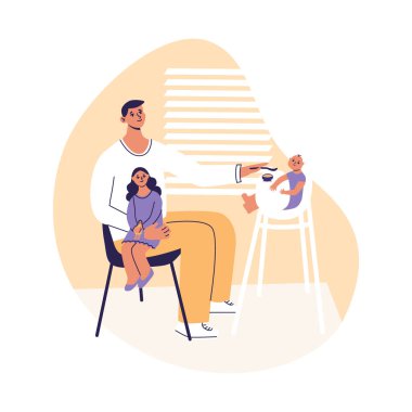 Bebeği besleyen bir adam. Babalar umursar. Babam çocuklarla vakit geçiriyor. Yeni yürümeye başlayan çocuk özel bir sandalyede oturuyor. Ailecek vakit geçireceğiz. Düz çizgi film vektör çizimi, modaya uygun renkler, beyaz arkaplanda izole edilmiş.