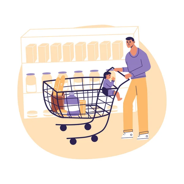 Young man buying food grocery section at supermarket. Father with child boy inside shopping cart. Daily routine. Flat cartoon vector illustrtion, trendy colors, isolated on white background.