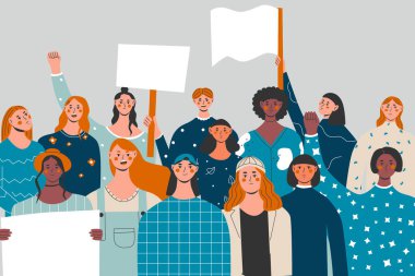 Multi-ethnic group of females protesters marching with signboard. Women demonstration, feminism fist. Woman rightss union, female power and solidarity. Flat vector illustration in trendy colors.