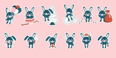 Digital stickers with Bunnies. Christmas cute rabbits set. Winter black hare symbol of 2023 year. New year mascot. Vector flat animal character. Happy Chinese New Year.