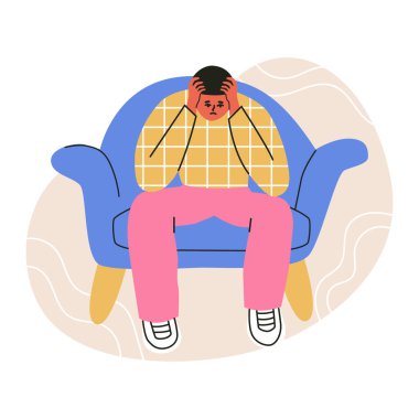 A lonely sad man sitting on a chair. Young depressed male character holding his head. Flat vector illustration in trendy colors, isolated on a white background.