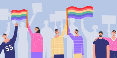People placards posters with lgbt rainbow transgender flag, pride month, parade against violence, descrimination, human rights. Crowd mans womans on demonstration equality homosexuality. Flat vector.