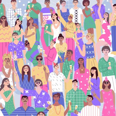 Group of joyful, happy young people enjoyingat party. Event, grand opening ceremoni concept. Festive friends celebrating holiday. Men and women rejoicing together. Flat vector illustration.