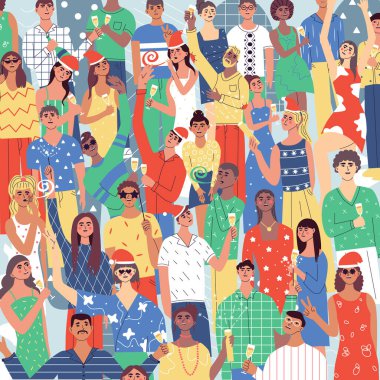 Celebrating Christmas and New Year party together. Positive, glad ladies and guys with champagne glasses and bengal lights. Group of beautiful young people in Santa hats. Flat vector illustration.