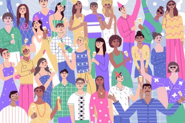 Group of joyful, happy young people enjoyingat party. Event, grand opening ceremoni concept. Festive friends celebrating holiday. Men and women rejoicing together. Flat vector illustration.