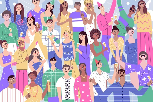 Group of joyful, happy young people enjoyingat party. Event, grand opening ceremoni concept. Festive friends celebrating holiday. Men and women rejoicing together. Flat vector illustration.