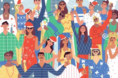 Celebrating Christmas and New Year party together. Positive, glad ladies and guys with champagne glasses and bengal lights. Group of beautiful young people in Santa hats. Flat vector illustration.