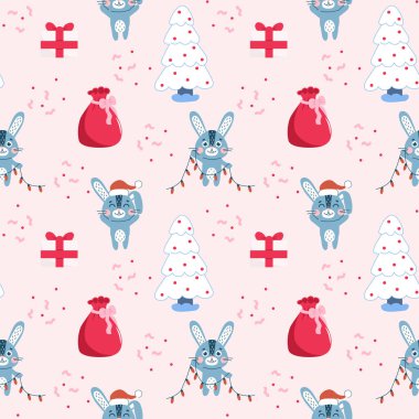 Noel sevimli tavşanlarıyla kusursuz desen. 2023 yılının kış tavşanı sembolü. Yeni yıl maskotu. Sevimli gazi düz hayvan karakteri. Mutlu Çin Yeni Yılı.