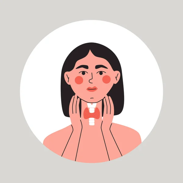 脖子上有甲状腺的女人内分泌学系统的符号 负责荷尔蒙产生的器官 平面矢量孤立插画 — 图库矢量图片
