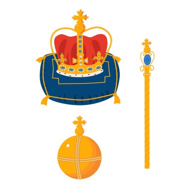 Crown on the ceremonial pillow, globus cruciger, scepter cartoon vector illustration. Royal gold jewelry. King, queen monarchy imperial symbol. Isolated on a white background. clipart