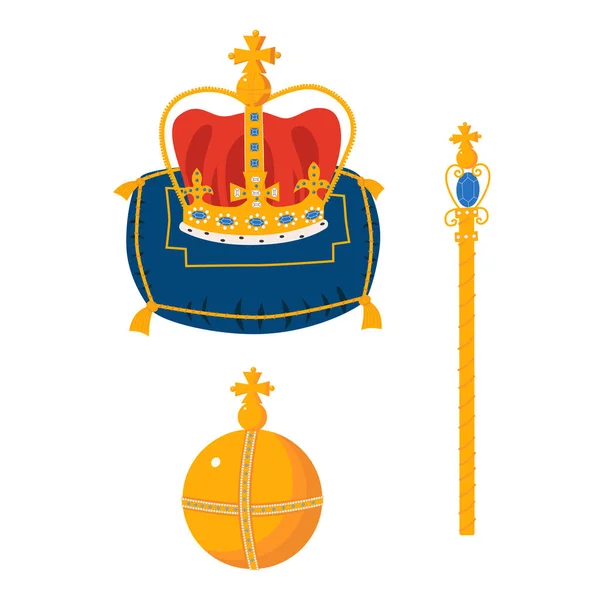 Kruunu Seremoniallinen Tyyny Globus Cruciger Valtikka Sarjakuva Vektori Kuva Kuninkaalliset — vektorikuva