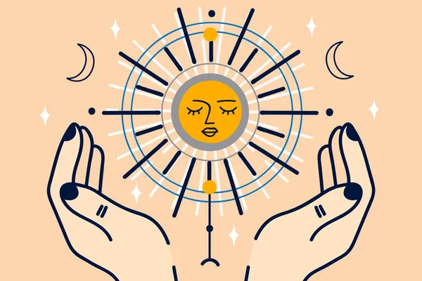 Женщина держит солнце и луну в руках — стоковый вектор