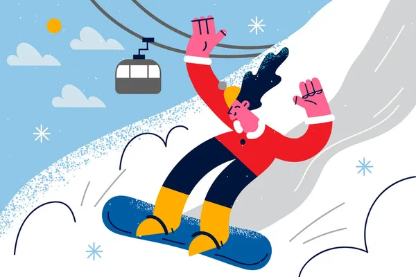 山の中で冬の休日の幸せな女性のスノーボード — ストックベクタ