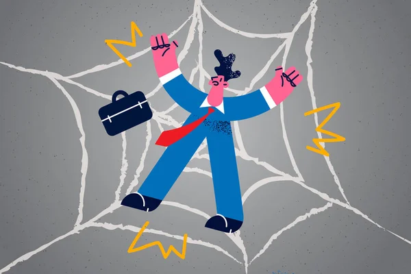 Empresário infeliz preso na rede web de aranha — Vetor de Stock
