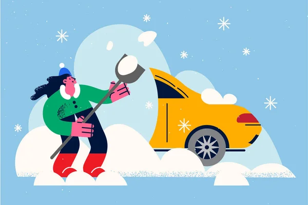 Mujer cavar coche de la pila de nieve — Vector de stock