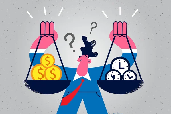 Verwirrte Geschäftsleute finden Balance zwischen Zeit und Geld — Stockvektor