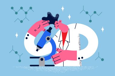 Bilim adamı mikroskoba bakar ve deneyler yapar. 