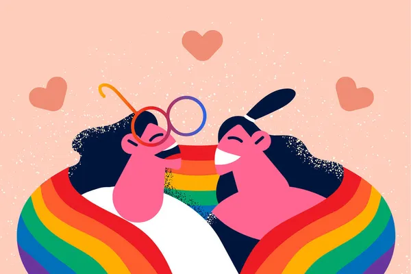 男女同性恋、双性恋和变性者旗帜下的快乐男女伴侣 — 图库矢量图片