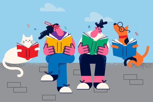 Boldog pár háziállatok élvezik olvasni könyveket — Stock Vector