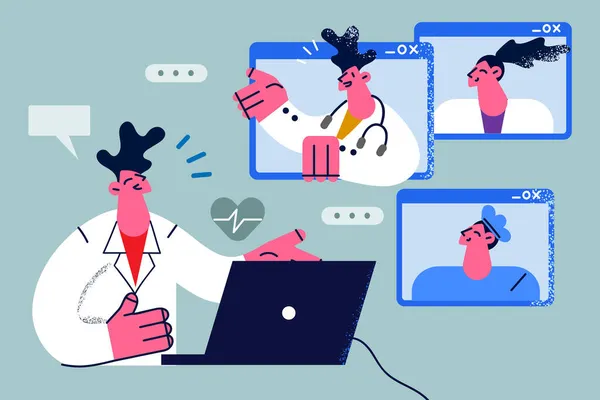 Médico sorridente conversa sobre videochamada com colegas — Vetor de Stock
