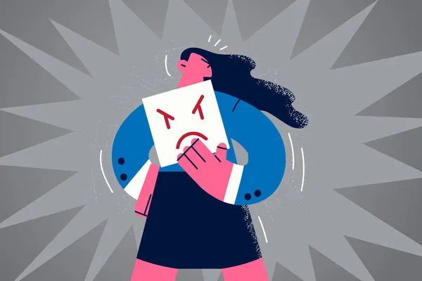 Femme malheureuse tenir papier avec émoticône en colère — Image vectorielle