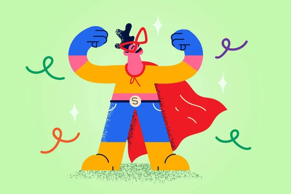 Glimlachende man in superheld kostuum vieren overwinning — Stockvector
