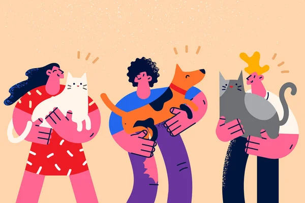 Glückliche Menschen halten Haustiere Katzen und Hunde — Stockvektor
