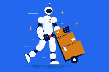 Paketi olan robot müşteriye ya da müşteriye sipariş vermeye yardım ediyor. Teslimat servisinde kutulu paketi olan insansı ya da robot asistan. Yapay zeka, teknoloji. Vektör illüstrasyonu.