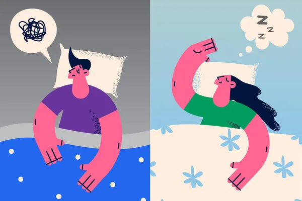 Οι άντρες και οι γυναίκες στο κρεβάτι κοιμούνται καλά και άσχημα. — Διανυσματικό Αρχείο