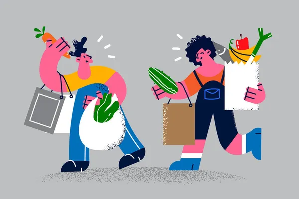 Casal feliz comprar produtos saudáveis fazendo compras de supermercado — Vetor de Stock