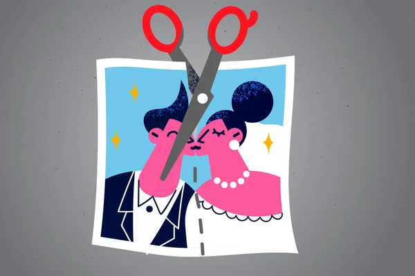 Nożyczki wyciąć kilka małżeńskie zdjęcie z małżonkami się rozwieść — Wektor stockowy