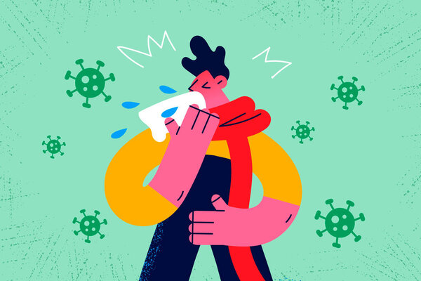 Unhealthy guy blow nose struggle with coronavirus — Stock Illustration Unhealthy guy blow nose struggle with coronavirus — Stock Vector