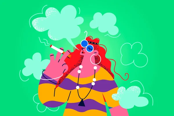 Hippie mulher fumaça erva desfrutar de vida livre — Vetor de Stock