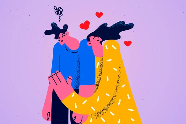 Kvinna kram omfamna man känsla förvirrad — Stock vektor