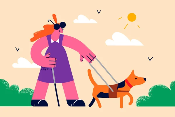 Mujer ciega paseando con perro guía entrenador — Vector de stock