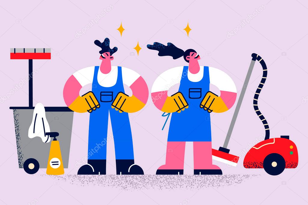 Smiling cleaners with tools and detergents 