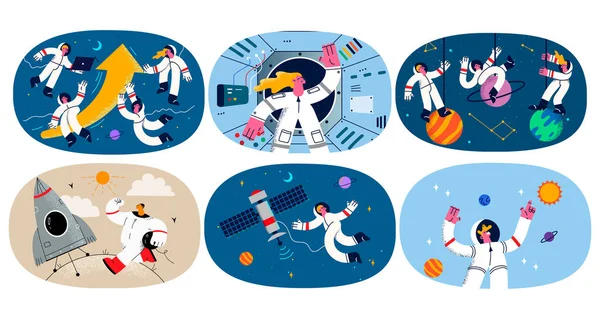 Zestaw kosmonautów w kostiumach odkrywa otwartą przestrzeń — Wektor stockowy