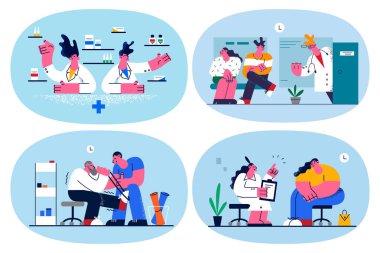 Bir grup doktor klinikteki hasta hastalara danışmanlık yapıyor. 