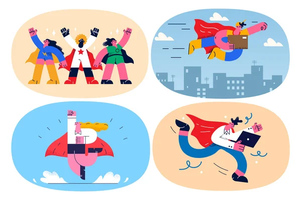Set of deliverymen as superheroes deliver parcels to clients — Stock vektor