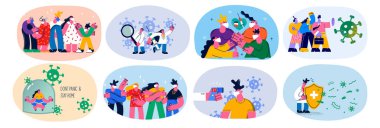 Bir grup insan ve doktor covid-19 ile kavga ediyor. 