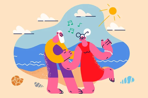Happy old couple dance together on beach — Stockvector