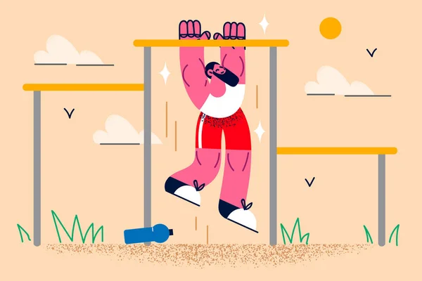 Toned sportsman do pull-up on bar outdoors — Wektor stockowy