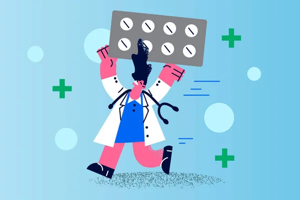 Heureux médecin féminin avec des médicaments courir avec l'aide — Image vectorielle
