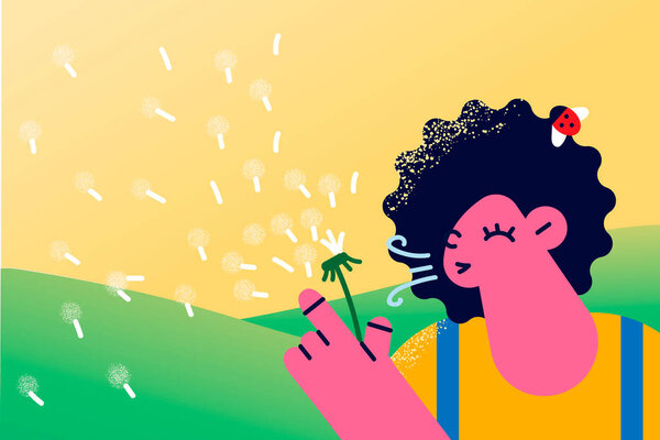 Little girl blow dandelion on field outdoors — Stock Illustration Little girl blow dandelion on field outdoors — Stock Vector